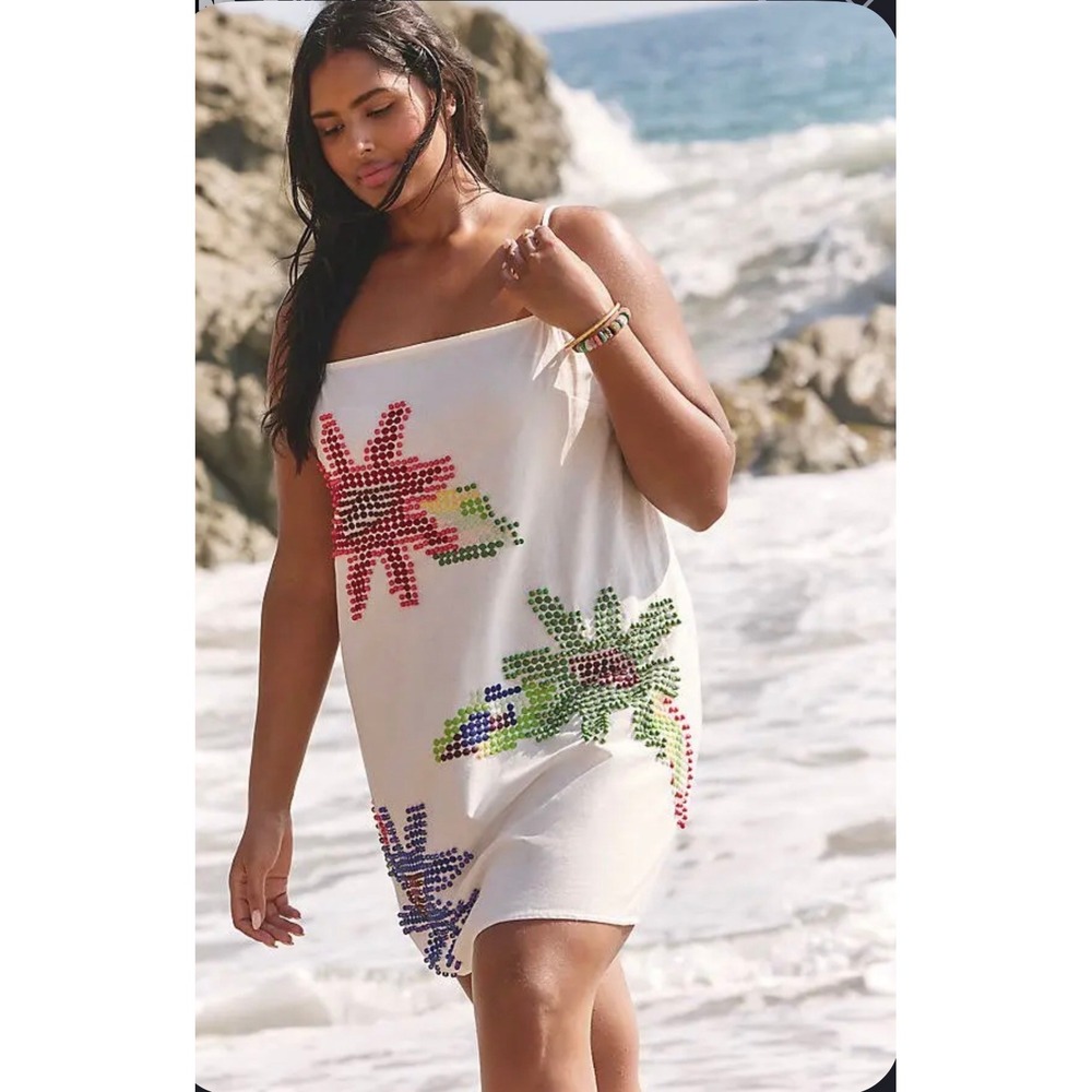 Anthropologie Celandine Ivory Beaded Floral Open Back Cotton Linen Dress 3X NEW